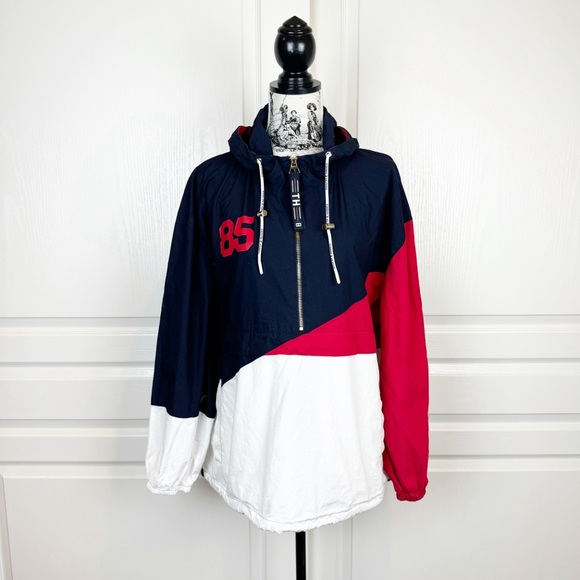 Tommy Hilfiger Womens Colorblocked Long Sleeve Hooded Windbreaker Jacket Size XL - Picture 1 of 5